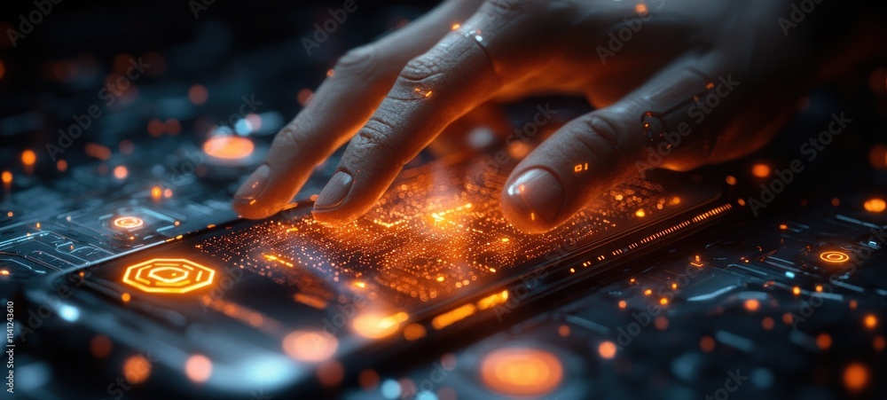 Poster mobile phone user with digital security icons in cybersecurity network and data protection concept
