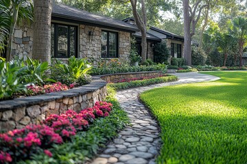 Naklejka premium Landscaping in front of a house in Houston, Texas, featuring a stone wall, green grass, tree-lined driveway, and a small flower bed.