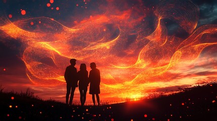 Fototapeta premium Silhouetted family watches fiery sunset.