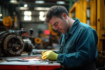 Young man with Down syndrome working with machinery in industrial environment promoting integration and diversity