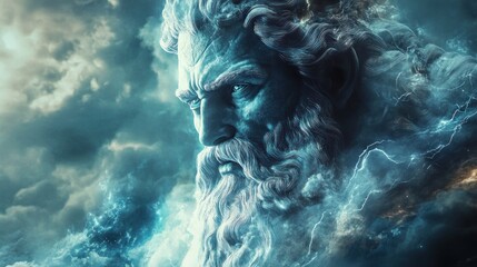 Majestic Zeus Statue Amidst Stormy Clouds