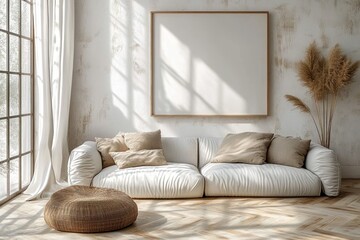 minimalist bright living room with white sofa natural light wooden floors and picture frame on wall