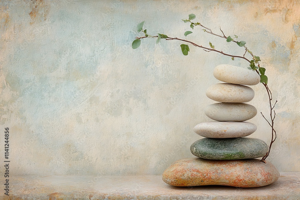 Poster serene stacked stones with delicate branch and leaves on a softly textured background for tranquil a