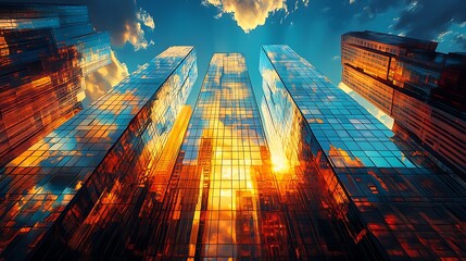 Obraz premium ramatic view of a city skyline with tall skyscrapers reaching towards