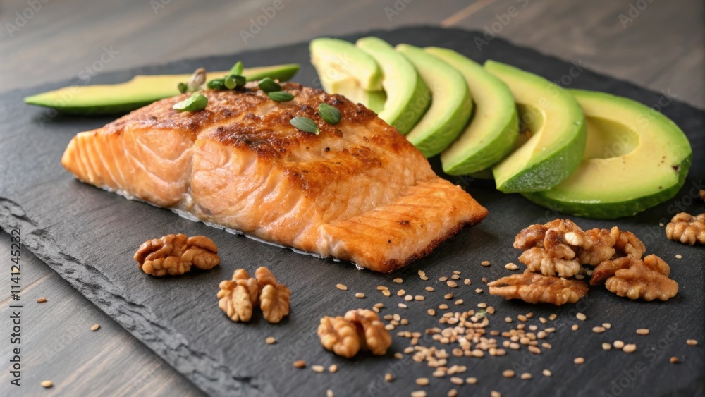 Poster A colorful closeup arrangement on a slate platter with a perfectly cooked salmon fillet boasting a golden crust its juices softly reflecting light. Complementing it are