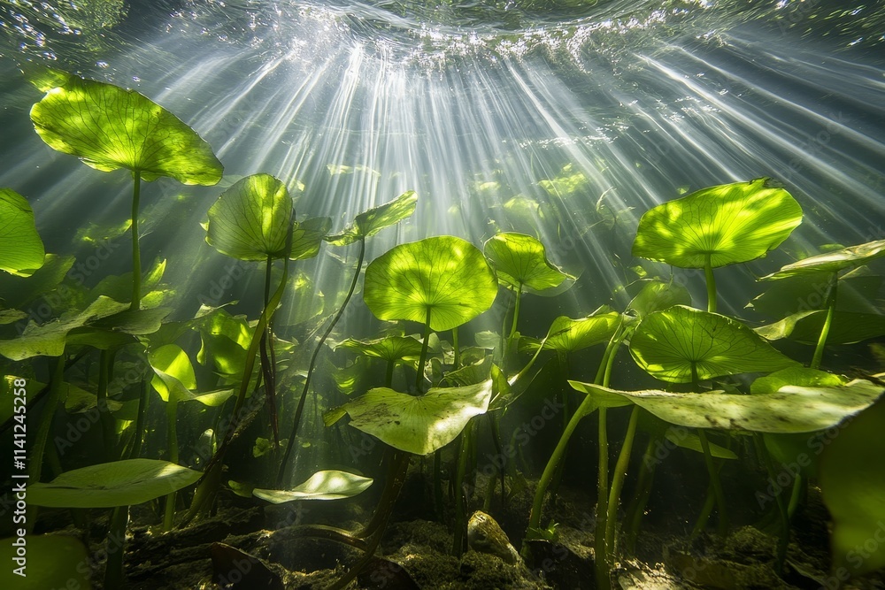 Poster serene underwater view of sunlit lily pads and rays of light highlighting a tranquil aquatic environ