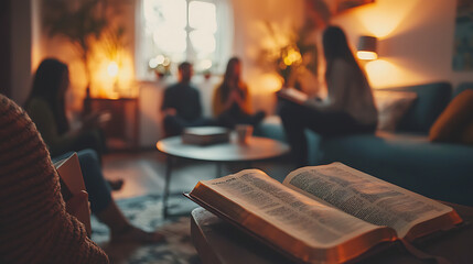 A group of people are sitting around a table with a book open in front of them