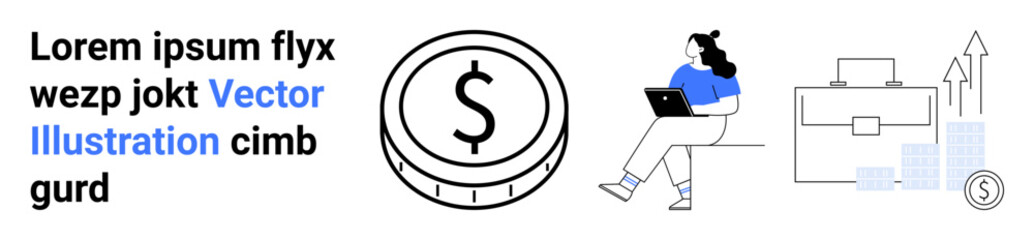 Dollar coin, woman with laptop, suitcase, rising bar charts. Ideal for financial growth, business planning, investment strategies, economic success, career development, professional advancement