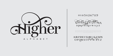 Higher typography beauty fashion elegant minimalist serif italic fonts decorative wedding vintage retro logos. Minimal luxury font alphabet logo. Vector illustration © Kiki