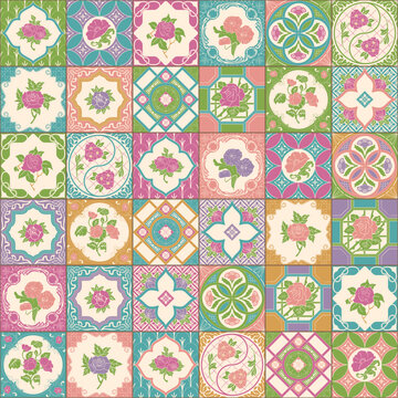  Flat Pastel Color Nyonya Floral Tile Seamless Pattern