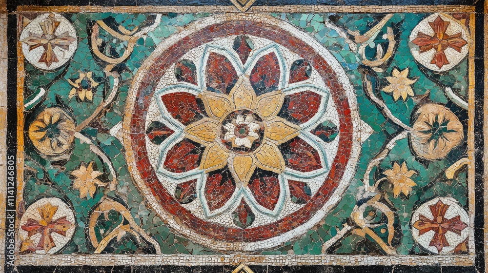 Poster a close-up of a colorful mosaic tile pattern, with intricate designs and textures.