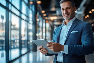 Businessman CEO in Office Using Tablet Smiling Professional Executive Thinking