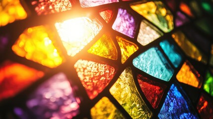 A close-up of a colorful stained-glass window illuminated by sunlight.
