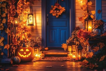Spooky Halloween Decor at Night Featuring Jack-o'-Lanterns, Glowing Candles, Autumn Leaves, and a Charming Front Door with Seasonal Accents