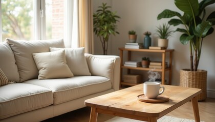 Cozy Home Interior Coffee on Table Sofa Plants Natural Light