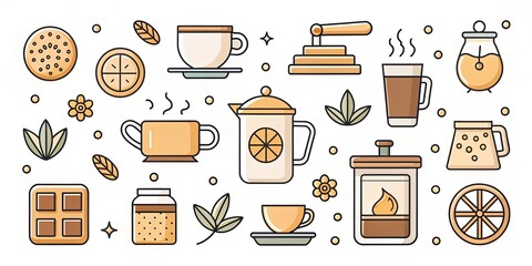 A delightful collection of coffee and tea preparation icons featuring various brewing methods and sweet treats