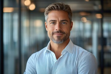 Confident mature business executive smiling in modern office setting standing by glass walls