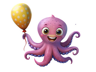 cartoon happy octopus holding balloon on transparent background