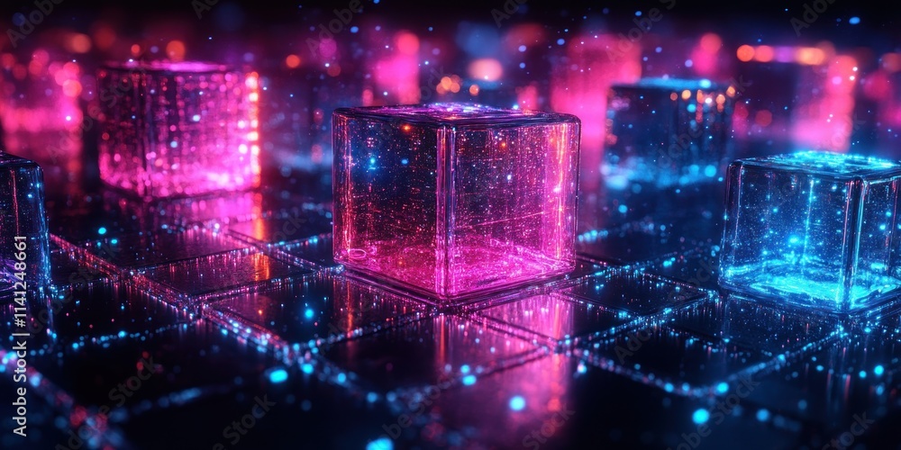 Poster futuristic abstract 3d cubes with dynamic blue and purple lighting on dark background