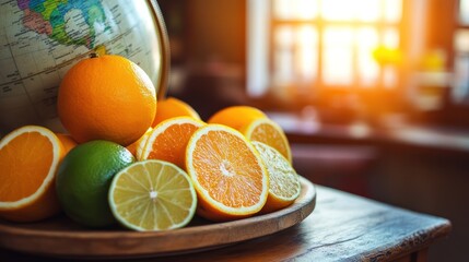 Sunlit oranges, limes, and lemons on wooden tray near globe.