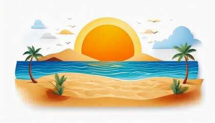 Sea, sand and sun at the beach on a white background.. Modern flat illustrator for website, presentation or graphic resources. Nobody, no human.
