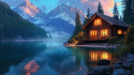 Fototapeta premium Cozy Wooden Cabin Lake Mountains Twilight Reflection Impressionism Art