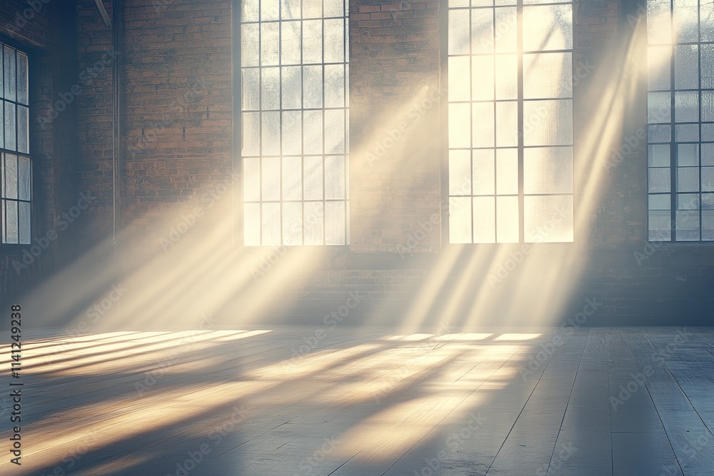 Poster sunlight streams through large windows, illuminating an empty wooden room with a warm glow, creating