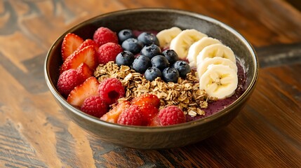 Refreshing Smoothie Bowl with Berries and Granola on Wooden Table