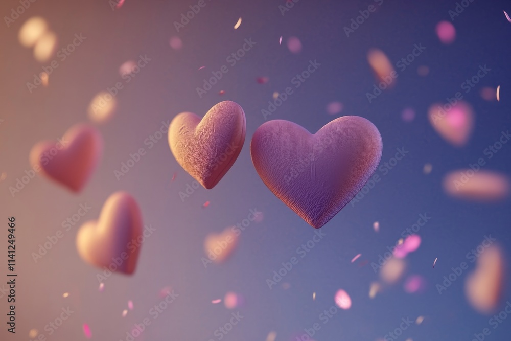 Poster surreal floating hearts in a dreamy atmosphere with soft pastel colors and delicate petals creating 