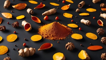 Abstract pattern of spices like turmeric, paprika, and peppercorns scattered