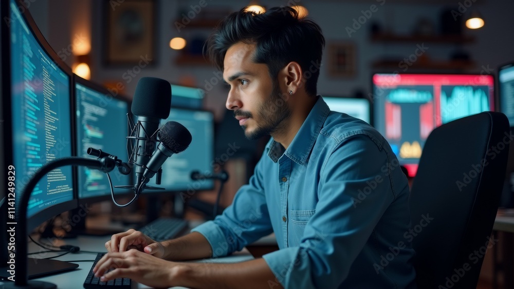 Poster the image shows a young man sitting at a desk in front of multiple computer monitors. he is wearing 