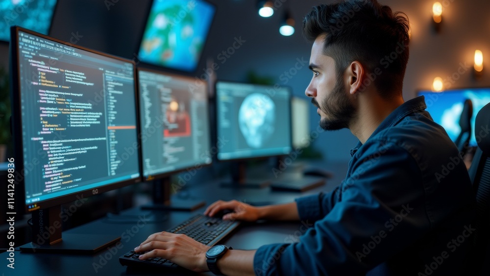 Poster the image shows a young man sitting at a desk in front of multiple computer monitors. he is wearing 