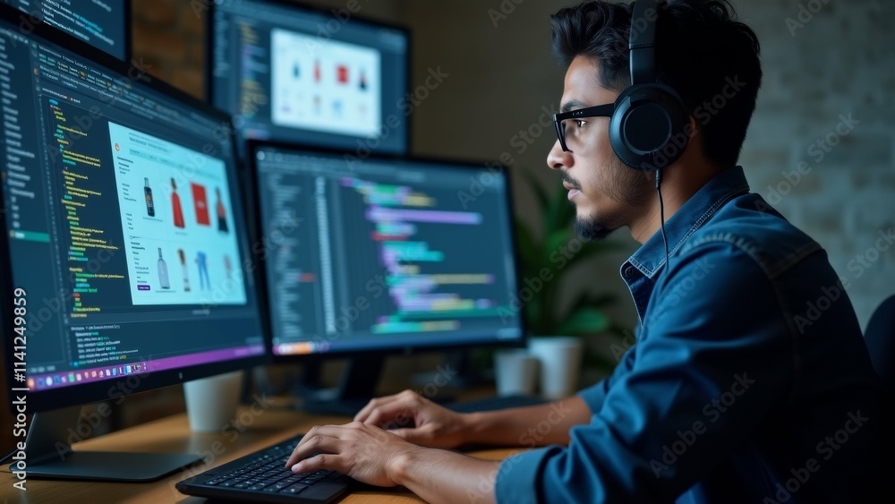Poster the image shows a young man sitting at a desk in front of three computer monitors. he is wearing a b