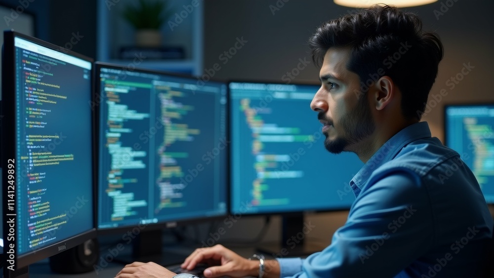 Poster the image shows a young man sitting at a desk in front of three computer monitors. he is wearing a b