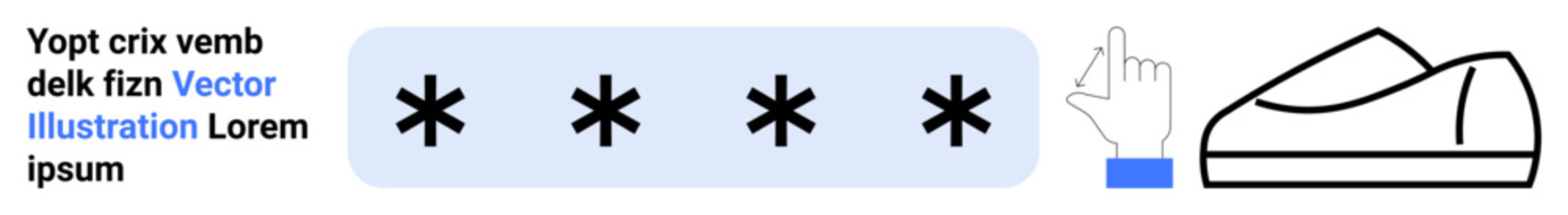 Fototapeta premium Password input field with asterisks, finger press icon, and outline shoe graphic. Ideal for web design, user experience, security applications, login interfaces, authentication systems, password