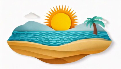 Sea, sand and sun at the beach on a white background.. Modern flat illustrator for website, presentation or graphic resources. Nobody, no human.