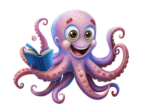 cartoon happy octopus holding book on transparent background