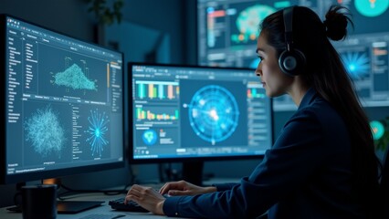 The image shows a young woman sitting at a desk in front of two computer monitors. She is wearing a blue blazer and has a pair of headphones on her head.