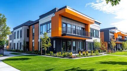 Modern apartment building with orange accents, landscaped grounds, and blue sky.