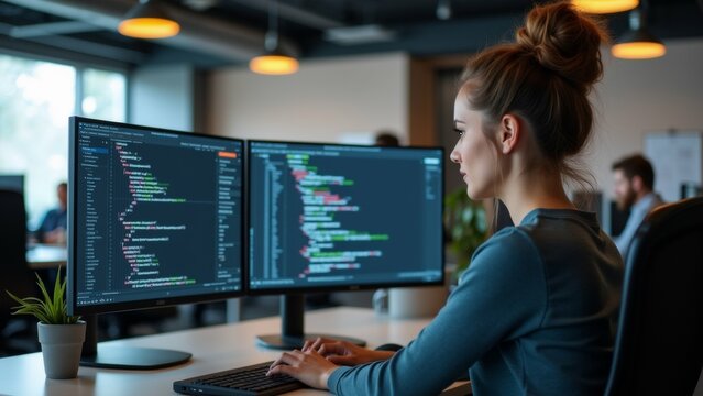 The image shows a young woman sitting at a desk in front of two computer monitors. She is wearing a blue shirt and has her hair tied up in a bun. - Powered by Adobe