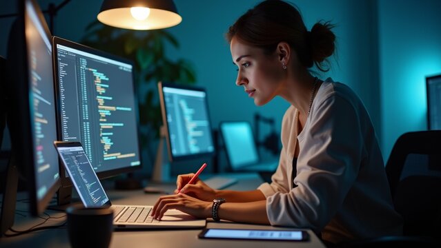 The image shows a young woman sitting at a desk in front of two computer monitors. She is wearing a white blouse and has her hair tied up in a bun.