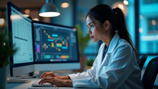 The image shows a young woman sitting at a desk in front of two computer monitors. She is wearing a white lab coat and has long dark hair tied up in a ponytail.