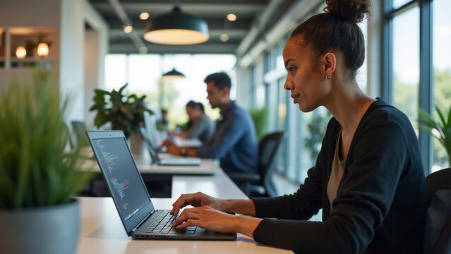The image shows a young woman sitting at a desk in an office, working on a laptop. She is wearing a black blazer and has her hair tied up in a bun.