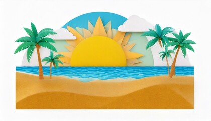 Sea, sand and sun at the beach on a white background.. Modern flat illustrator for website, presentation or graphic resources. Nobody, no human.