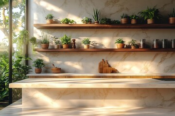 Modern Kitchen Interior with Plants and Kitchenware on Marble Countertop Natural Light Minimalist Design