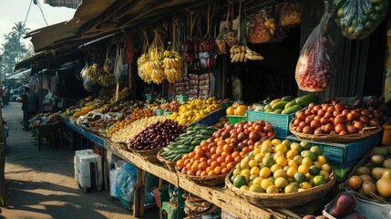 A lively market stall filled with colorful fruits and vegetables neatly arranged.