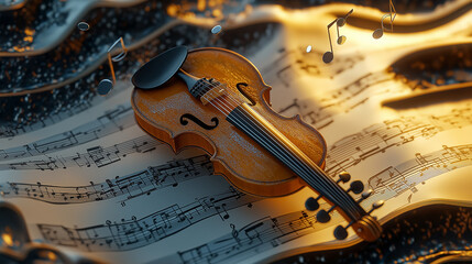 Naklejka premium A 3D violin resting on a flat 2D music sheet with floating notes
