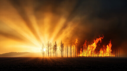 dramatic scene of wildfire consuming forest at sunset, showcasing intense flames and smoke