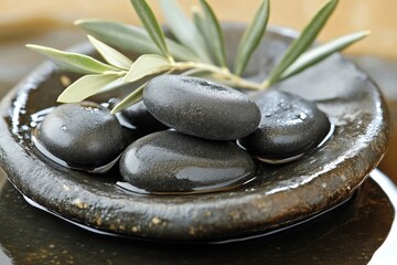 Fototapeta premium Tranquil Zen Spa Composition Featuring Smooth Black Stones and Olive Branch on Reflective Surface for Relaxation and Meditation Theme