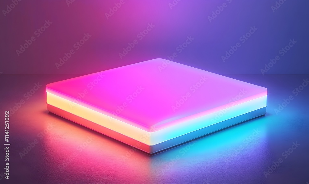 Poster luminous square platform with layered color lighting in a dark setting.